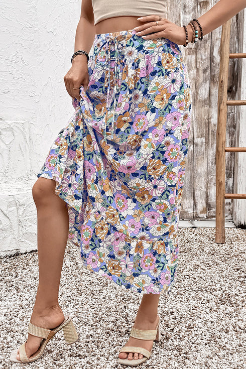 Floral Print Lace Up High Waist Ruffle Maxi Skirt