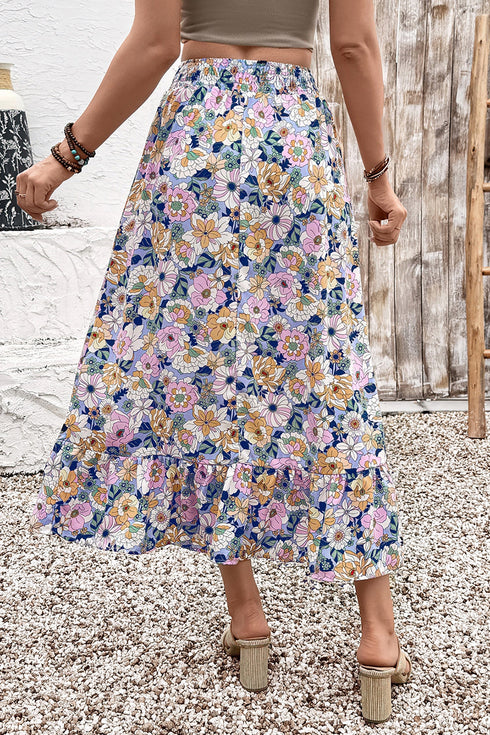 Floral Print Lace Up High Waist Ruffle Maxi Skirt