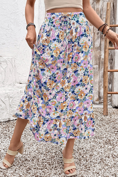 Floral Print Lace Up High Waist Ruffle Maxi Skirt