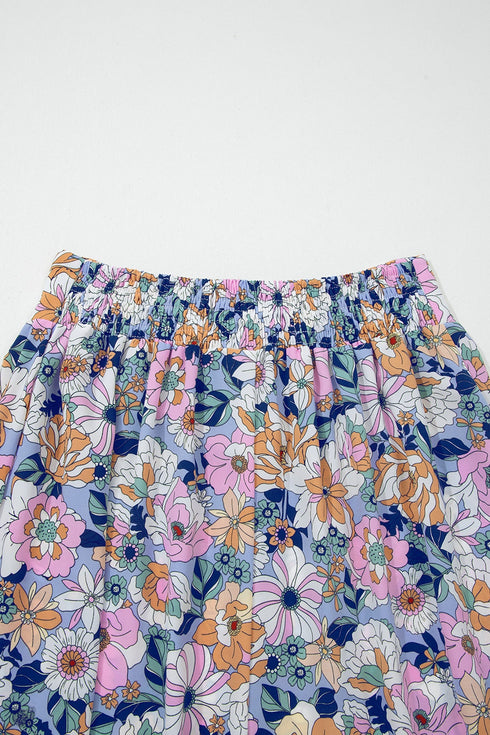 Floral Print Lace Up High Waist Ruffle Maxi Skirt