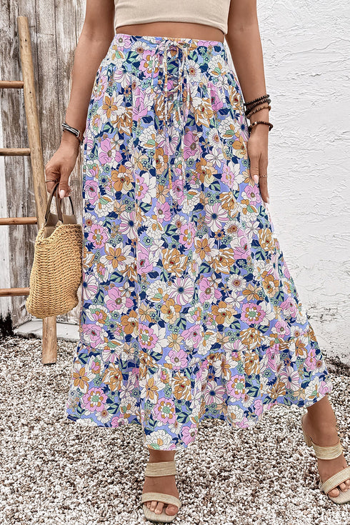 Floral Print Lace Up High Waist Ruffle Maxi Skirt