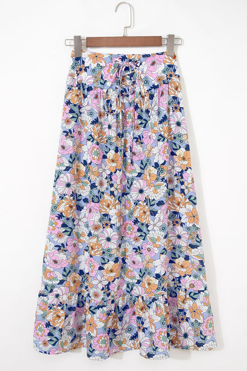 Floral Print Lace Up High Waist Ruffle Maxi Skirt