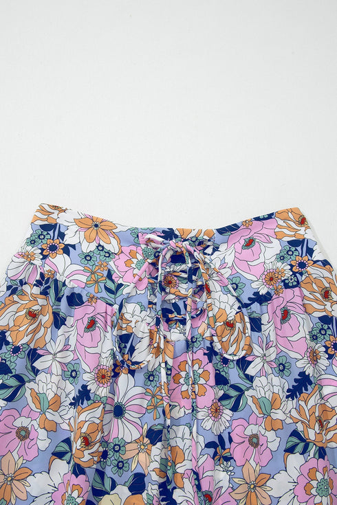 Floral Print Lace Up High Waist Ruffle Maxi Skirt