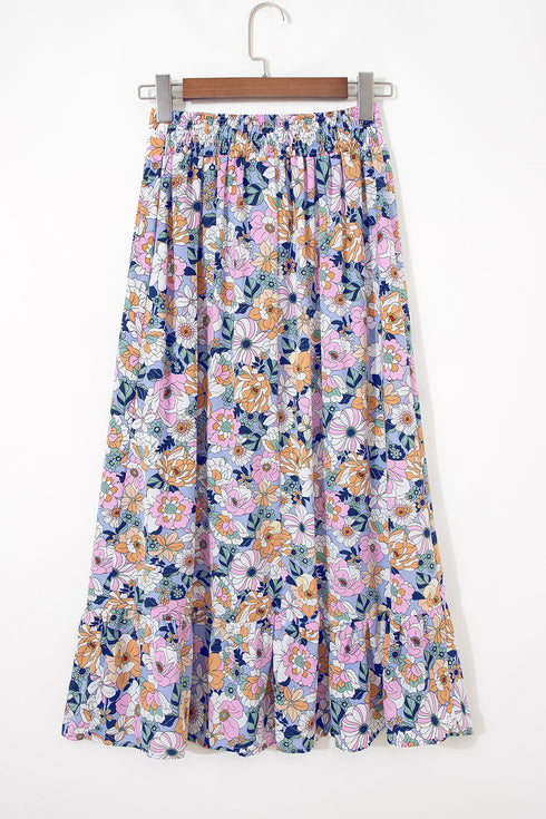 Floral Print Lace Up High Waist Ruffle Maxi Skirt