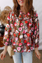 Floral Print Lace Up Neck Cotton Blend Three Quarter Sleeve Blouse