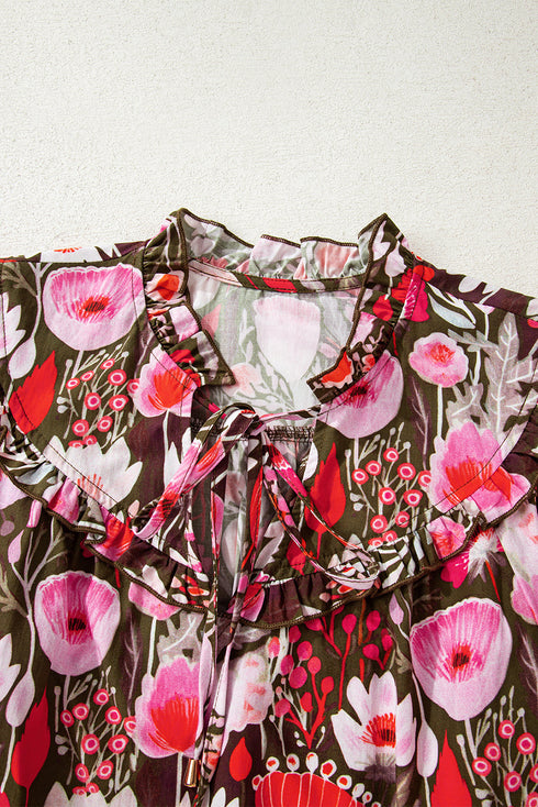 Floral Print Lace Up Neck Cotton Blend Three Quarter Sleeve Blouse