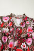 Floral Print Lace Up Neck Cotton Blend Three Quarter Sleeve Blouse
