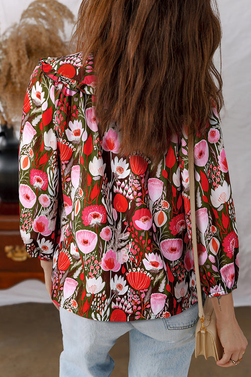 Floral Print Lace Up Neck Cotton Blend Three Quarter Sleeve Blouse