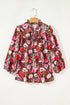 Floral Print Lace Up Neck Cotton Blend Three Quarter Sleeve Blouse
