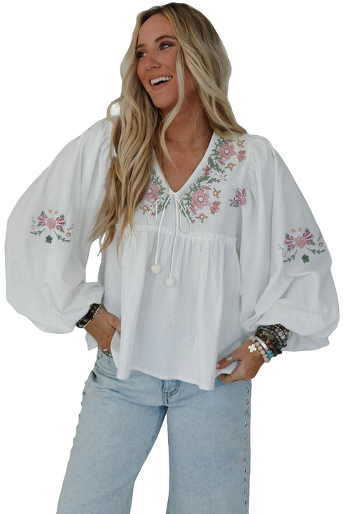 Floral Print Lace Up V Neck Babydoll Blouse