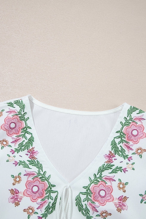 Floral Print Lace Up V Neck Babydoll Blouse