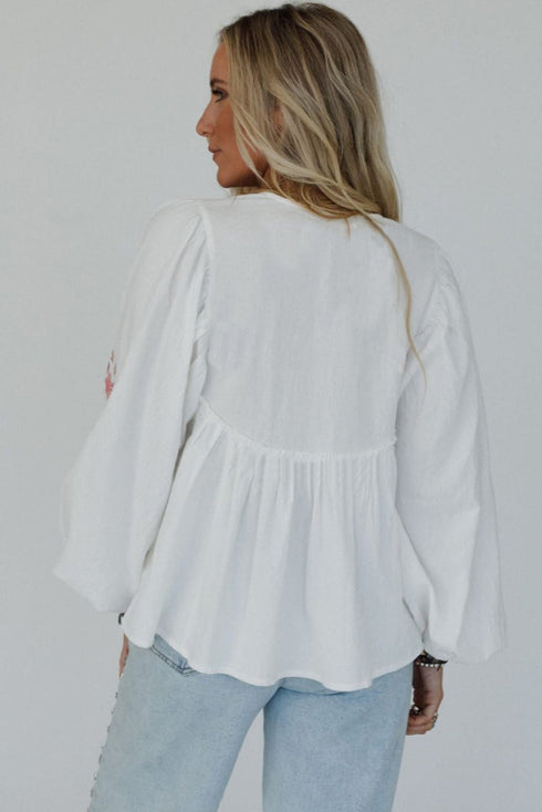 Floral Print Lace Up V Neck Babydoll Blouse
