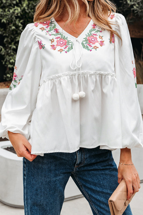 Floral Print Lace Up V Neck Babydoll Blouse
