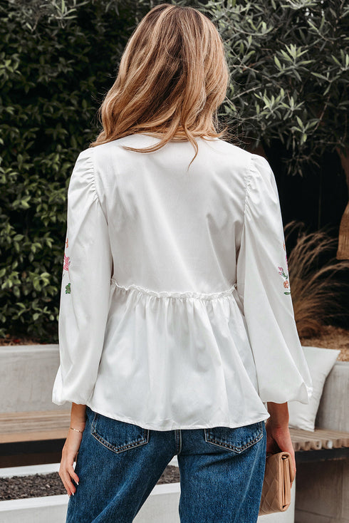 Floral Print Lace Up V Neck Babydoll Blouse