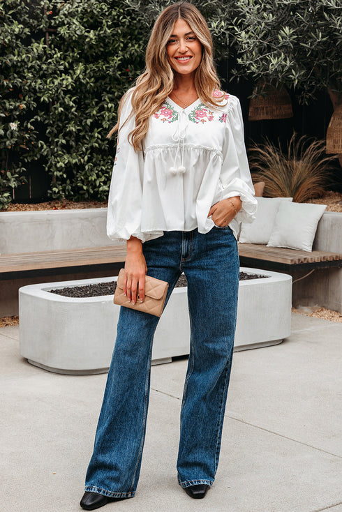 Floral Print Lace Up V Neck Babydoll Blouse