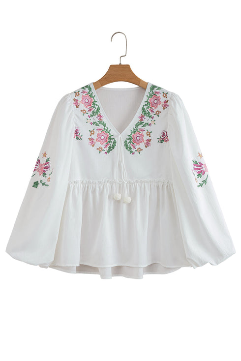 Floral Print Lace Up V Neck Babydoll Blouse