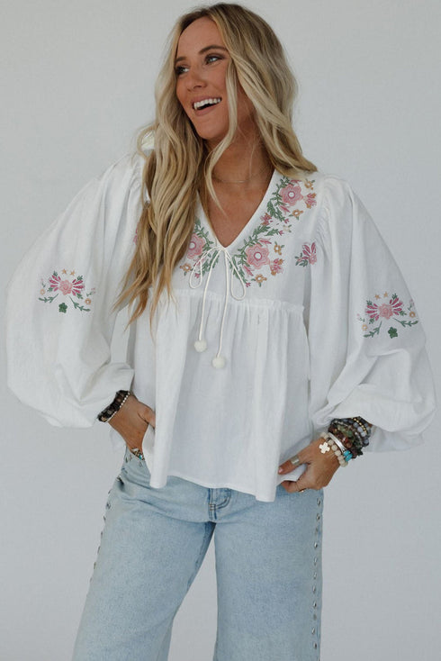 Floral Print Lace Up V Neck Babydoll Blouse