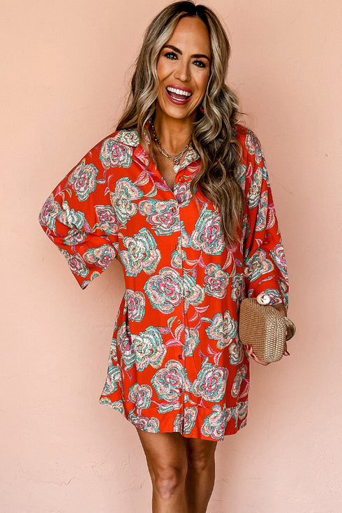Floral Print Lapel Collar Loose Shirt Mini Dress