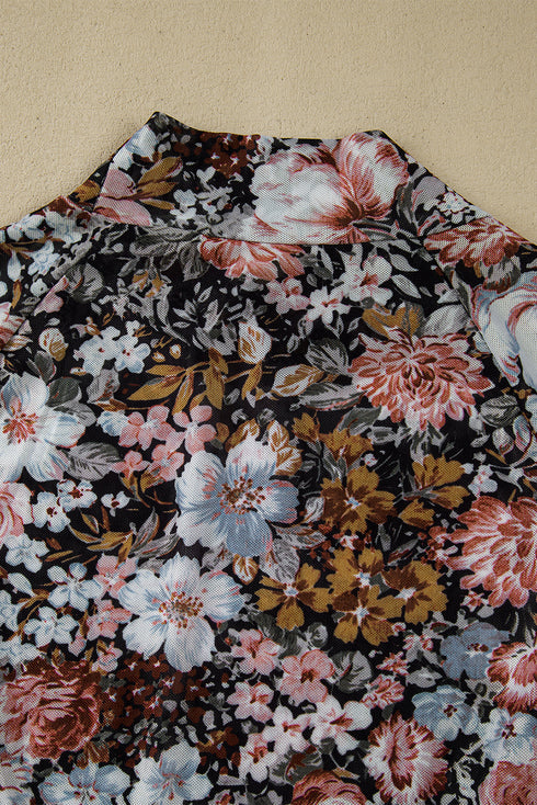 Floral Print Long Sleeve High Neck Mesh Blouse