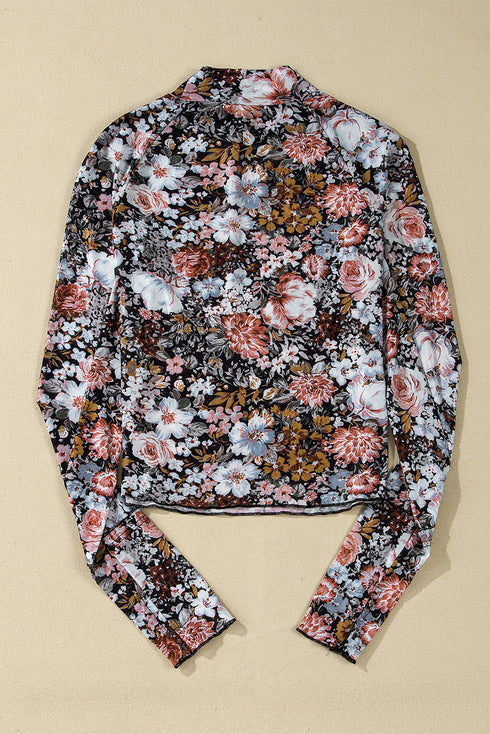 Floral Print Long Sleeve High Neck Mesh Blouse
