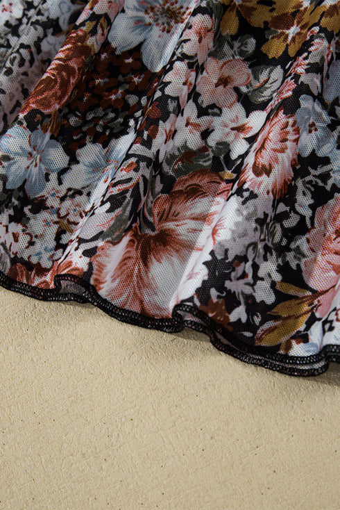 Floral Print Long Sleeve High Neck Mesh Blouse