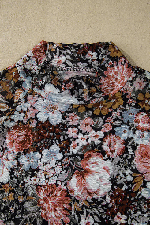 Floral Print Long Sleeve High Neck Mesh Blouse