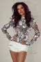 Floral Print Long Sleeve High Neck Mesh Blouse