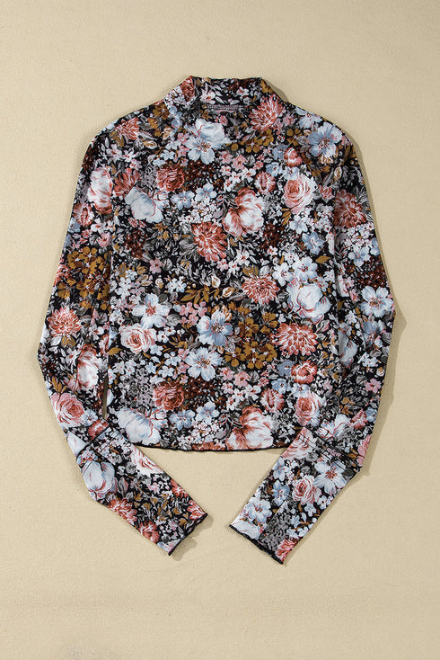 Floral Print Long Sleeve High Neck Mesh Blouse