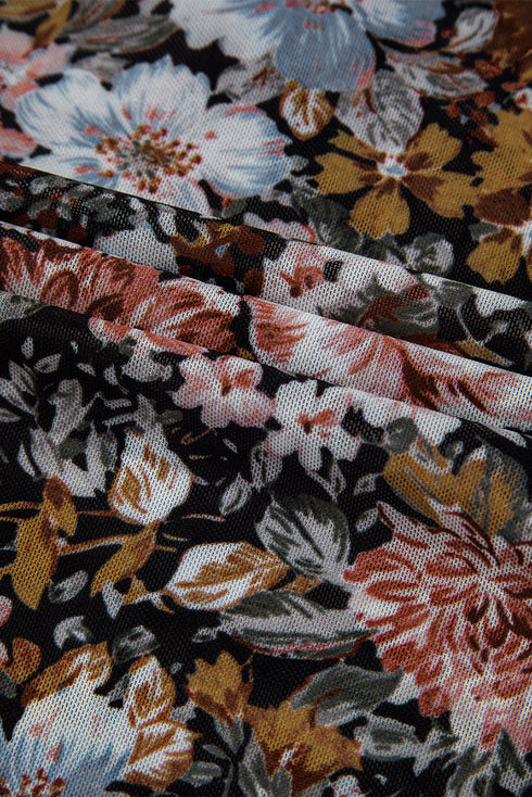 Floral Print Long Sleeve High Neck Mesh Blouse