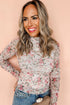 Floral Print Long Sleeve High Neck Mesh Blouse