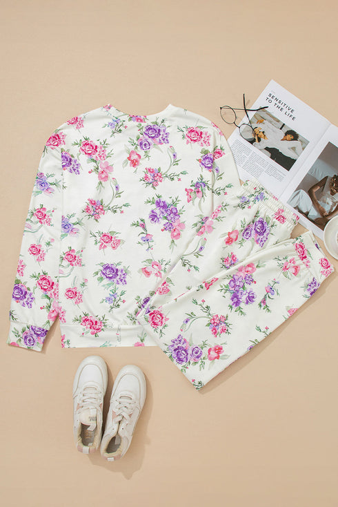 Floral Print Long Sleeve Pullover Drawstring Lounge Set