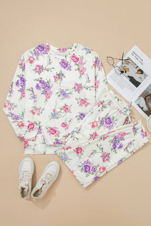 Floral Print Long Sleeve Pullover Drawstring Lounge Set