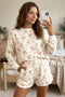 Floral Print Long Sleeve Shift Top Pocketed Short Set