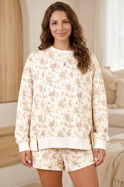 Floral Print Long Sleeve Shift Top Pocketed Short Set