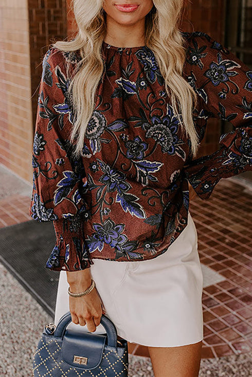 Floral Print Long Sleeve Smocked Cuff Shift Blouse