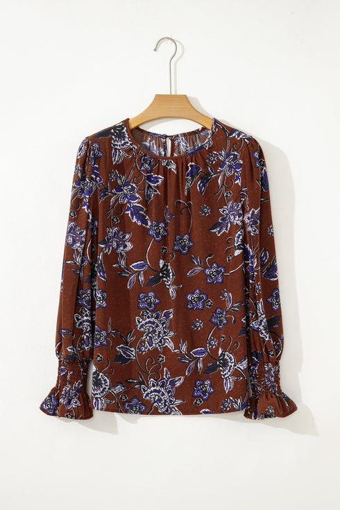 Floral Print Long Sleeve Smocked Cuff Shift Blouse