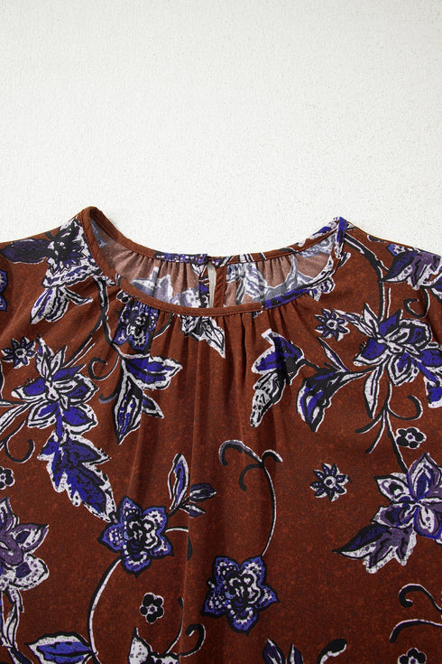 Floral Print Long Sleeve Smocked Cuff Shift Blouse