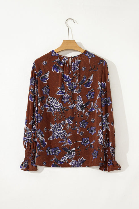 Floral Print Long Sleeve Smocked Cuff Shift Blouse