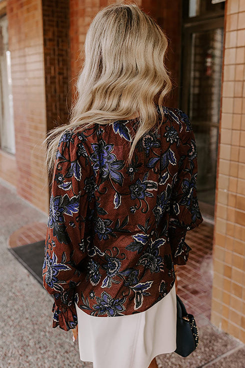 Floral Print Long Sleeve Smocked Cuff Shift Blouse