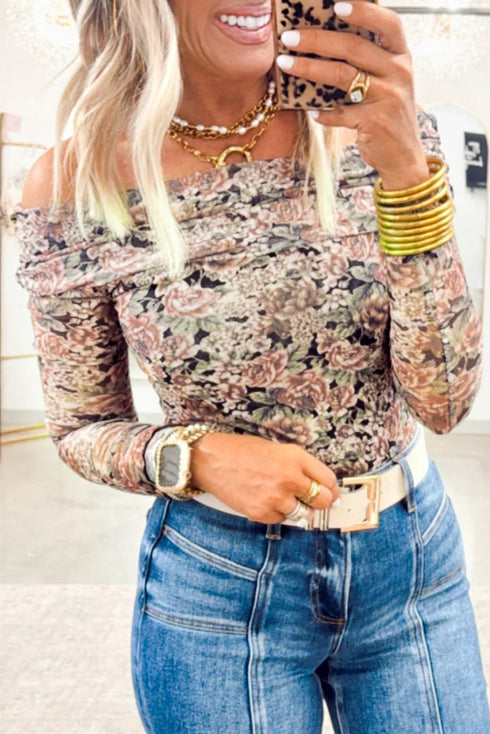 Floral Print Mesh Foldover Off The Shoulder Long Sleeve Top