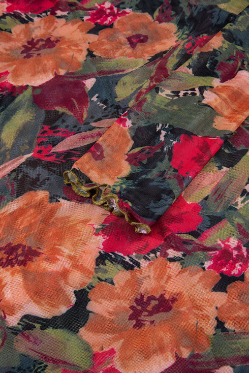 Floral Print Mesh Mock Neck Lettuce Trim Top