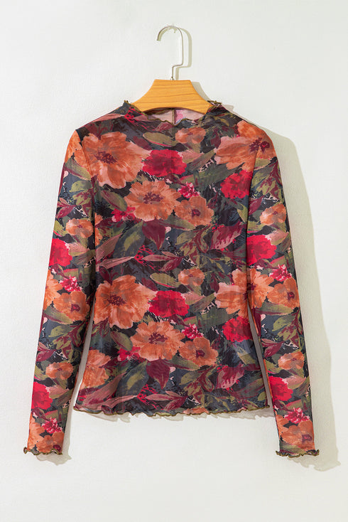 Floral Print Mesh Mock Neck Lettuce Trim Top