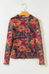 Floral Print Mesh Mock Neck Lettuce Trim Top