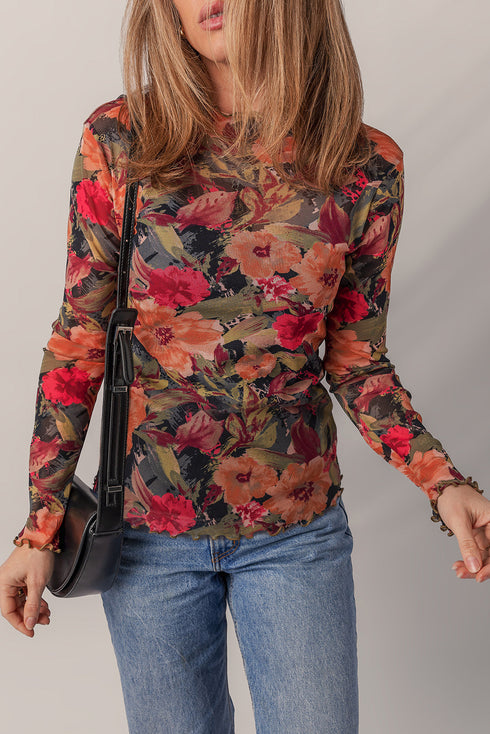 Floral Print Mesh Mock Neck Lettuce Trim Top