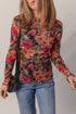 Floral Print Mesh Mock Neck Lettuce Trim Top