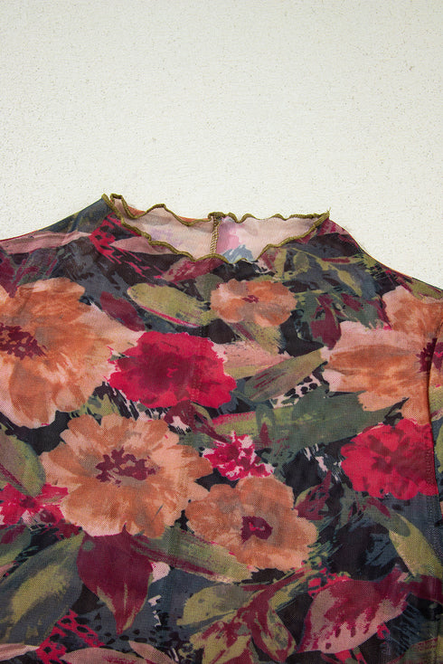 Floral Print Mesh Mock Neck Lettuce Trim Top