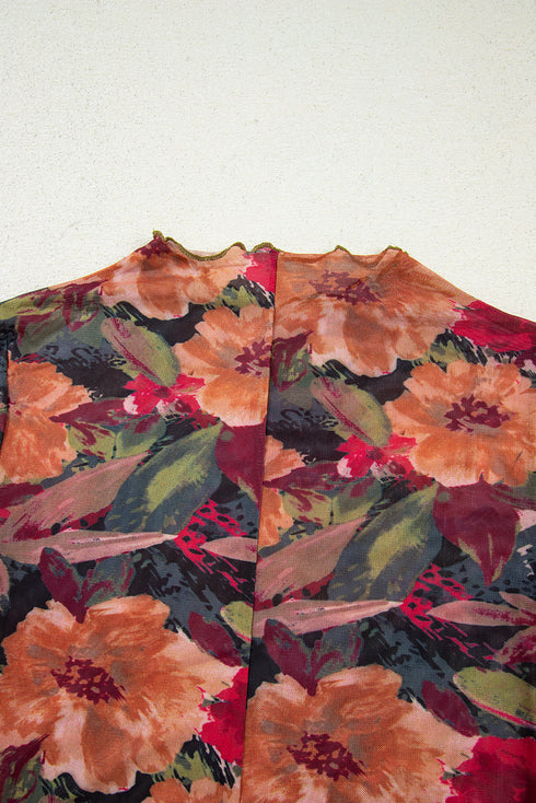 Floral Print Mesh Mock Neck Lettuce Trim Top
