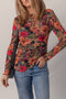 Floral Print Mesh Mock Neck Lettuce Trim Top