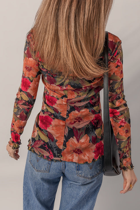 Floral Print Mesh Mock Neck Lettuce Trim Top