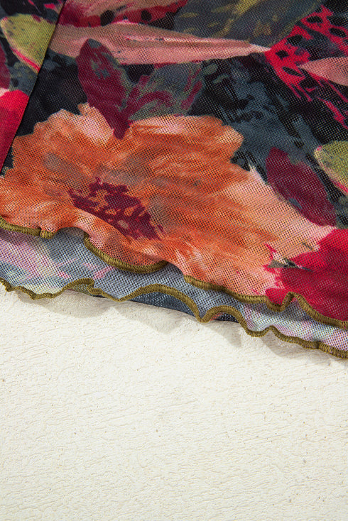 Floral Print Mesh Mock Neck Lettuce Trim Top